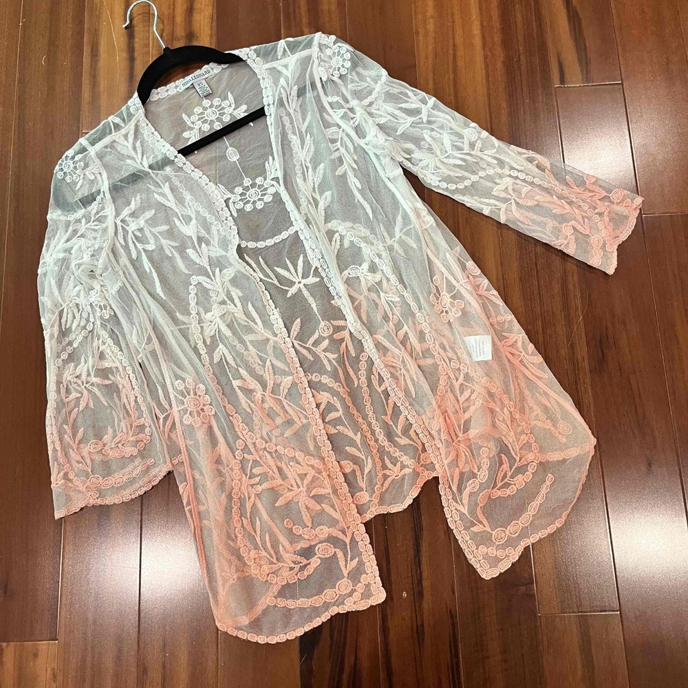 Nina Leonard Cream Ombre Cardigan Embroidered Open Front 3/4 Sleeve Boho Size XS